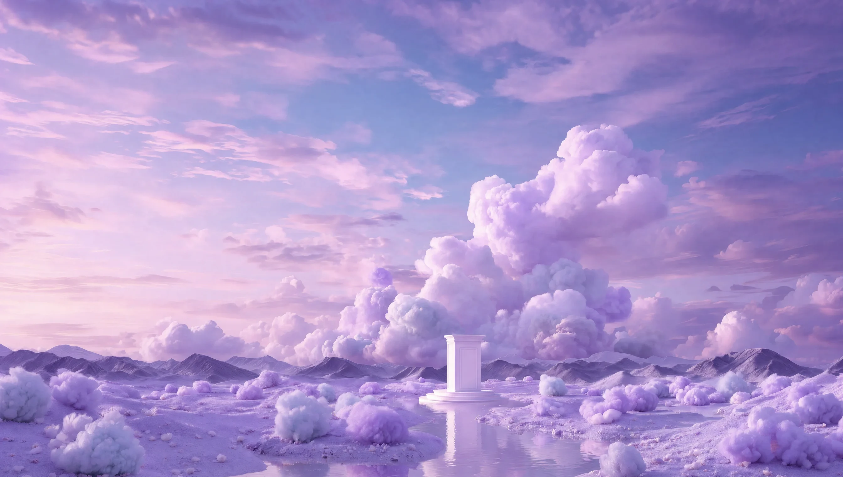 A dreamlike mountain world beneath a luminous sky
